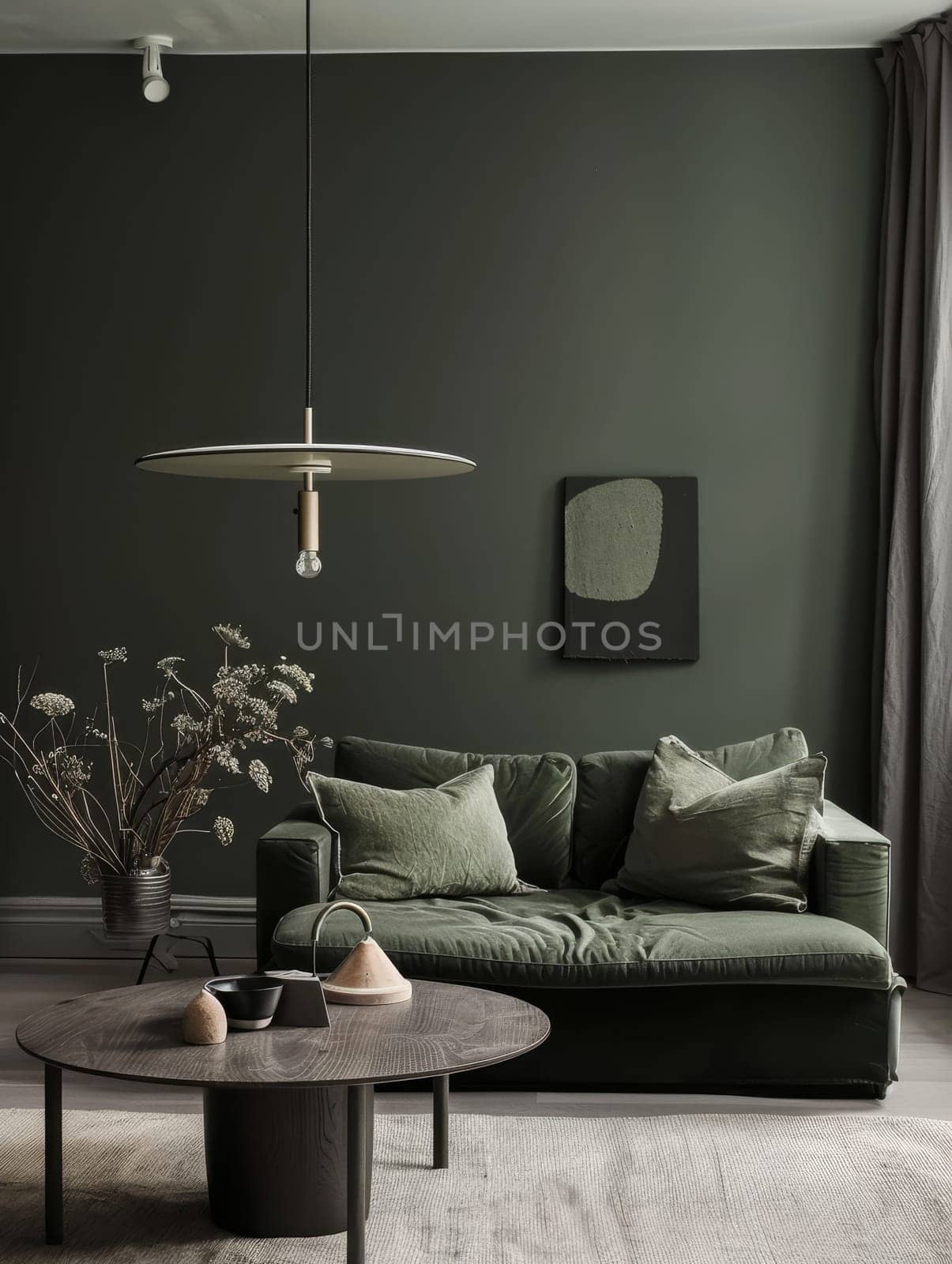 A dark green sofa anchors a sophisticated lounge, complemented by a unique pendant light and earthy tones