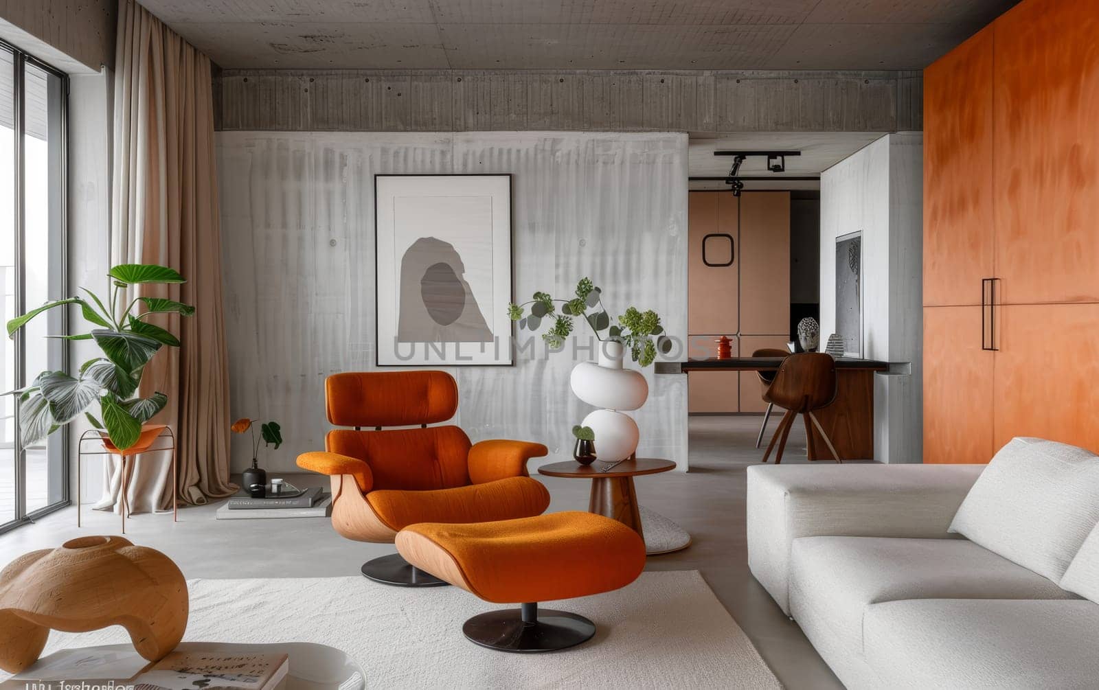 Spacious lounge with bold orange chairs and modern decor, concrete and wood textures harmonize