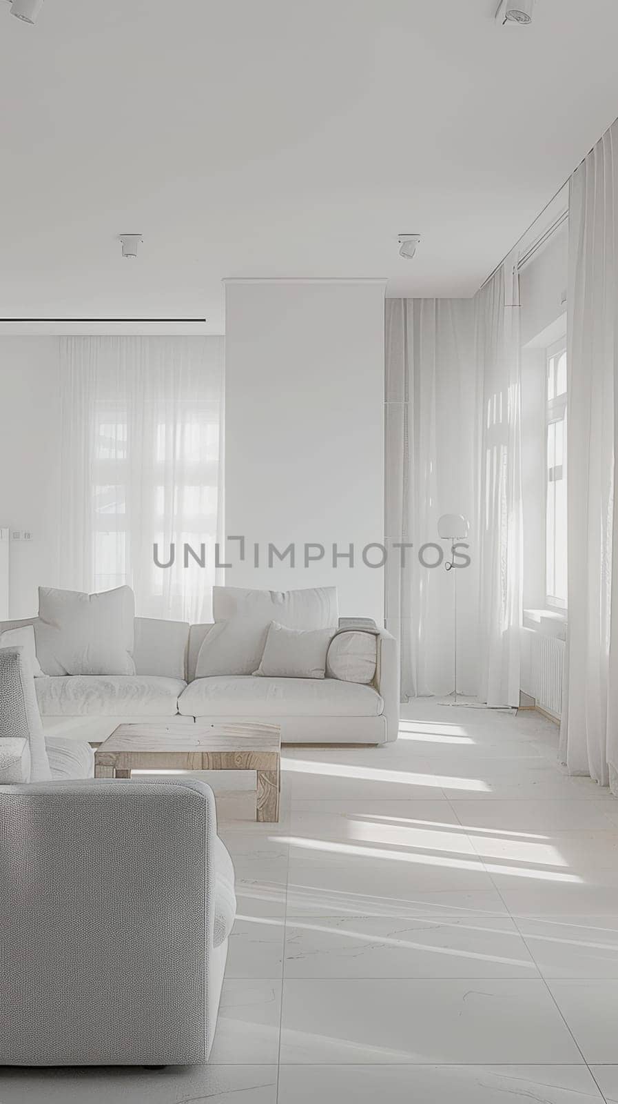 Pristine white living room with minimalist design. A serene space with a clean and airy aesthetic. by sfinks