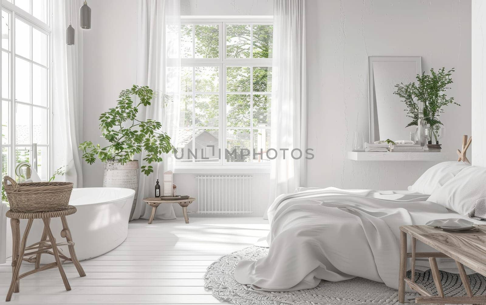 A fresh, airy bathroom with natural green accents and abundant sunlight. by sfinks