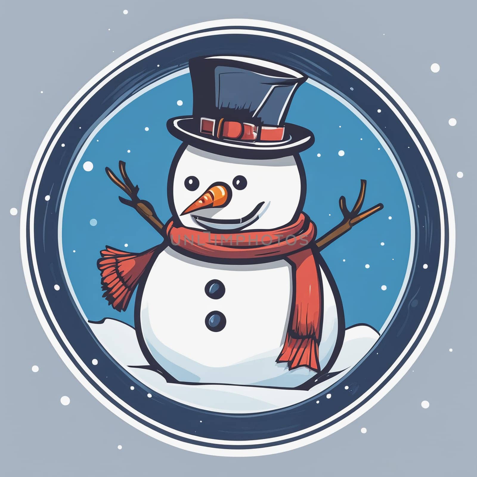 Round logo with snowman, cute character, white and blue colors