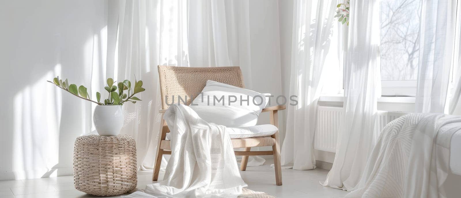 Tranquil white bedroom featuring a wicker accent chair and delicate plant touches. by sfinks