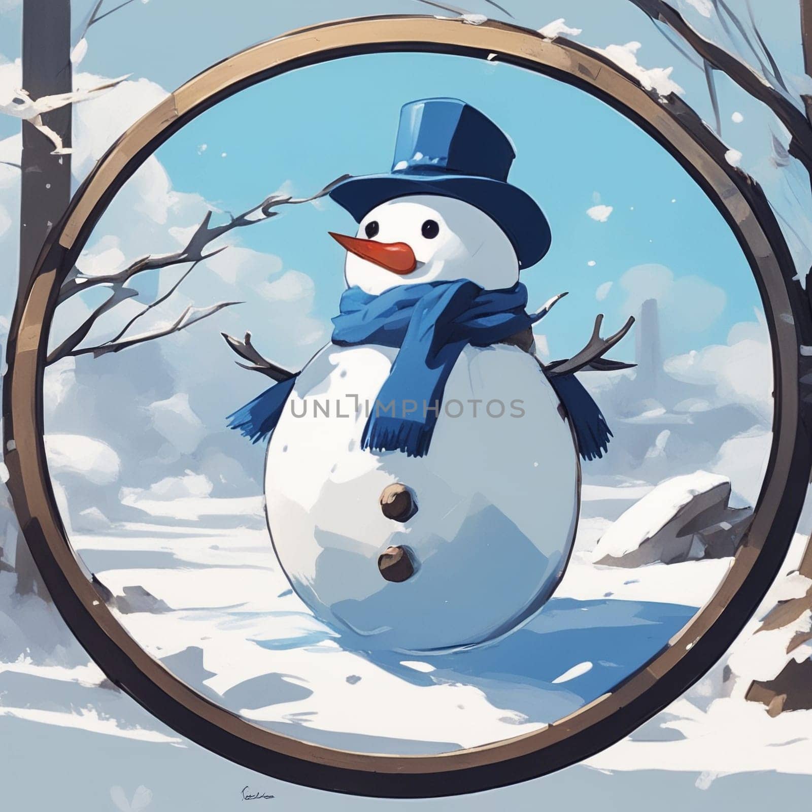 Round logo with snowman, cute character, white and blue colors