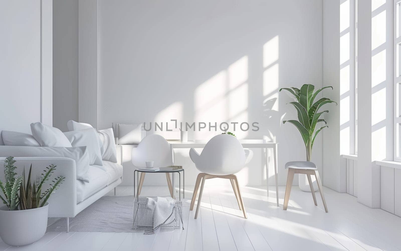 Bright white living room, enhanced by sunlight and vibrant indoor plants