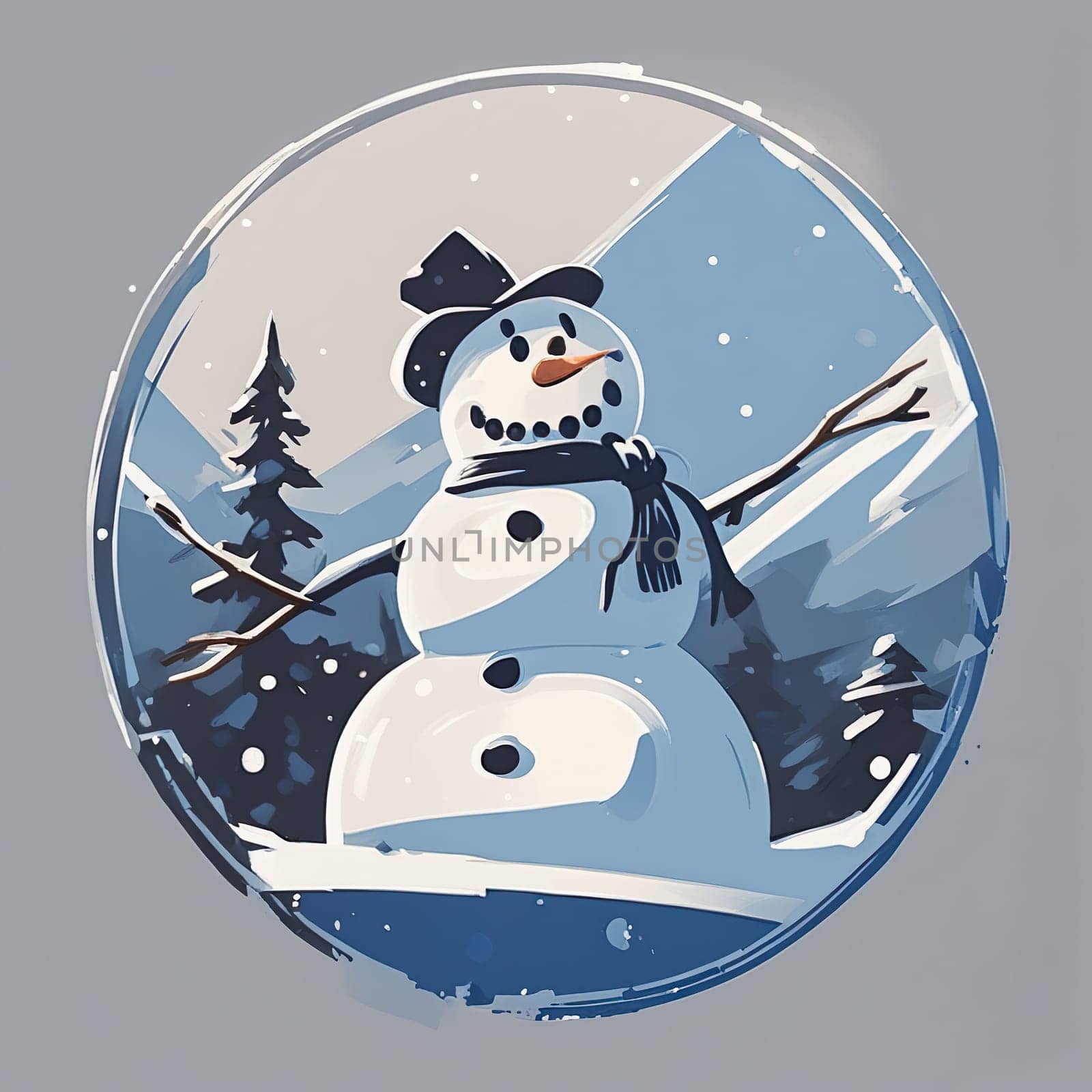 Round logo with snowman, cute character, white and blue colors