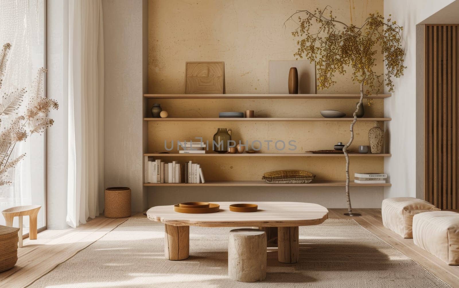 Sunlight filters through a serene living space adorned with earthy tones and simple wooden furnishings. by sfinks