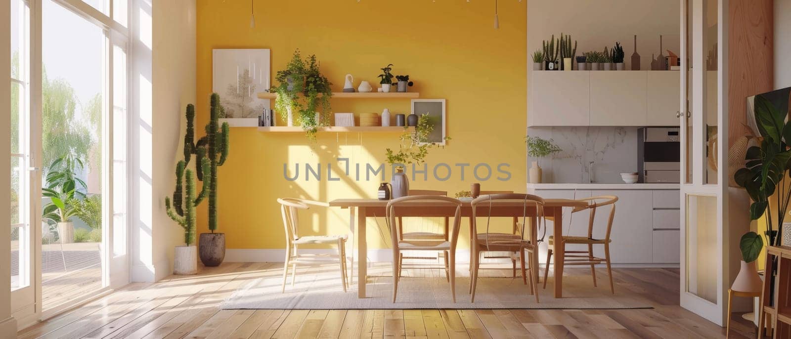 A sun-drenched dining area blends seamlessly into a modern kitchen, evoking a fresh and airy atmosphere. by sfinks