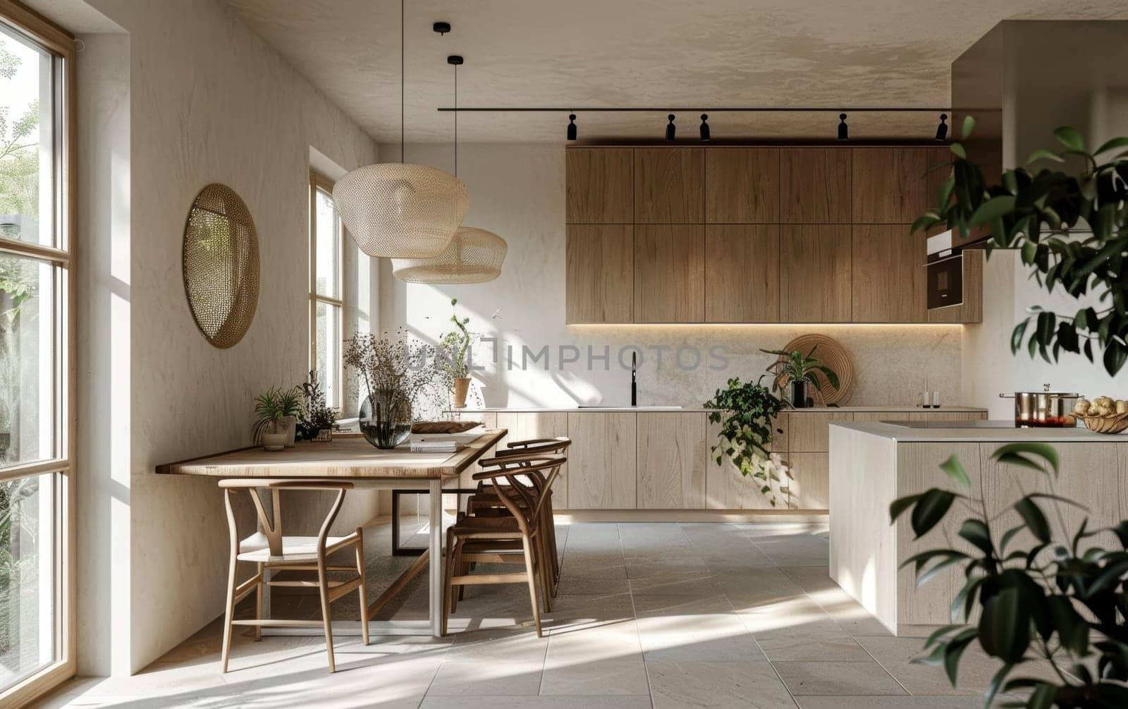 Natural light floods a spacious kitchen and dining area, showcasing a blend of wood textures and modern design. by sfinks