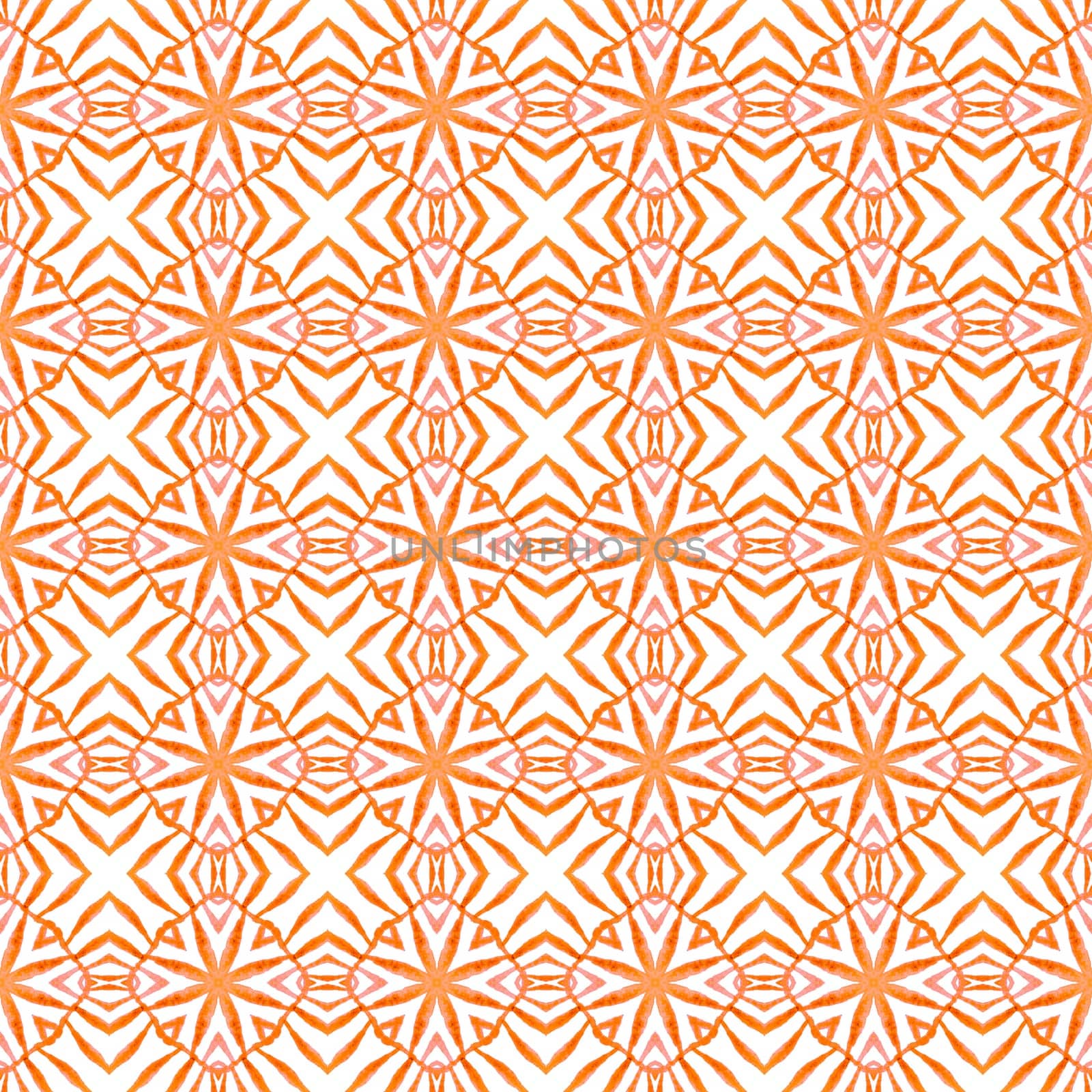 Textile ready fetching print, swimwear fabric, wallpaper, wrapping. Orange astonishing boho chic summer design. Hand painted tiled watercolor border. Tiled watercolor background.