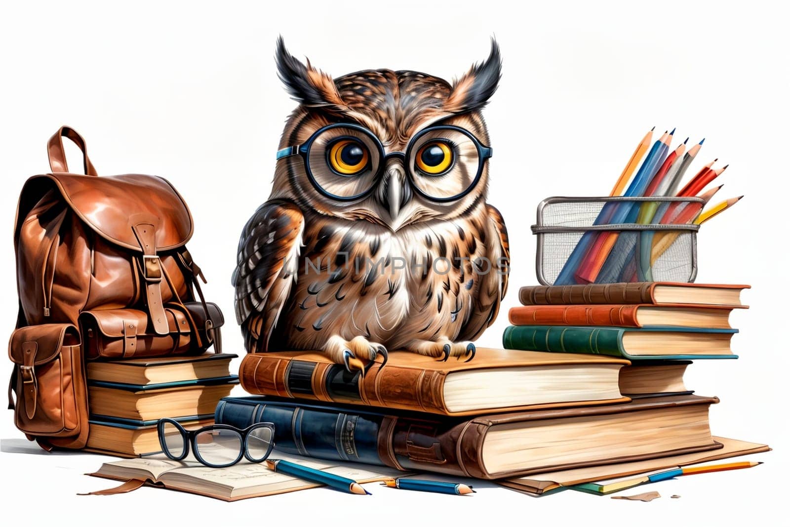 cute owl in glasses with books .