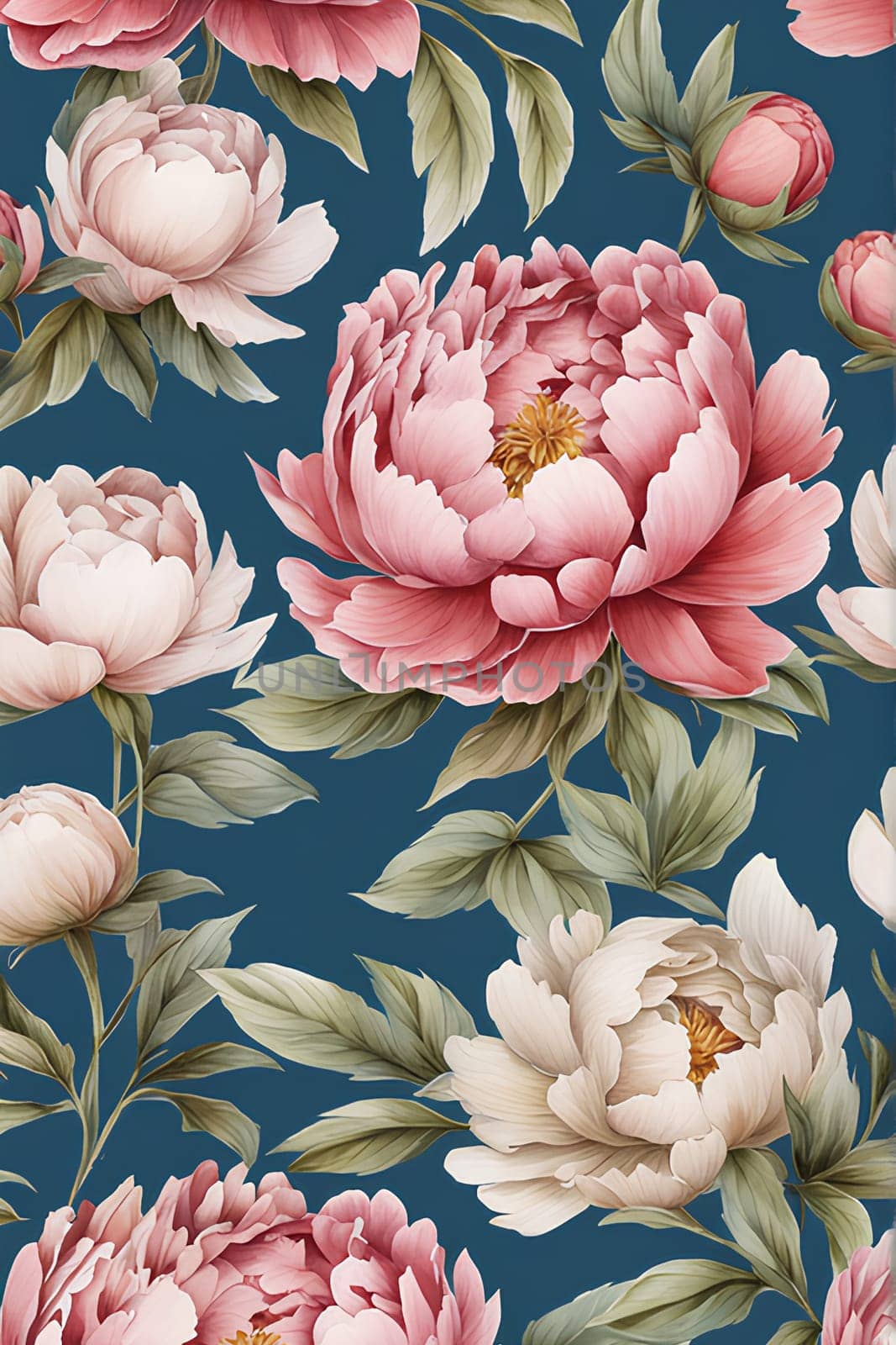 Watercolor peony flowers on blue background
