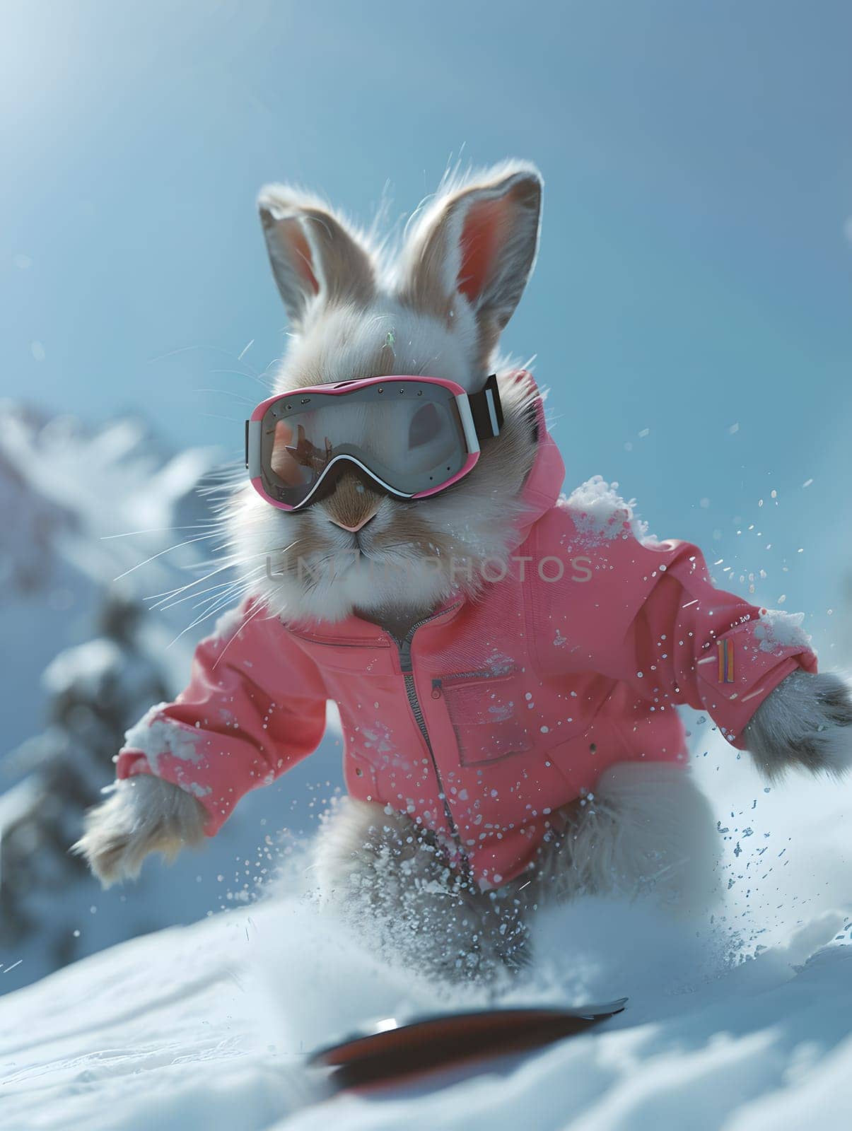 A rabbit wearing goggles, a helmet, and a pink jacket is enjoying outdoor recreation by snowboarding in the freezing snow under the clear sky