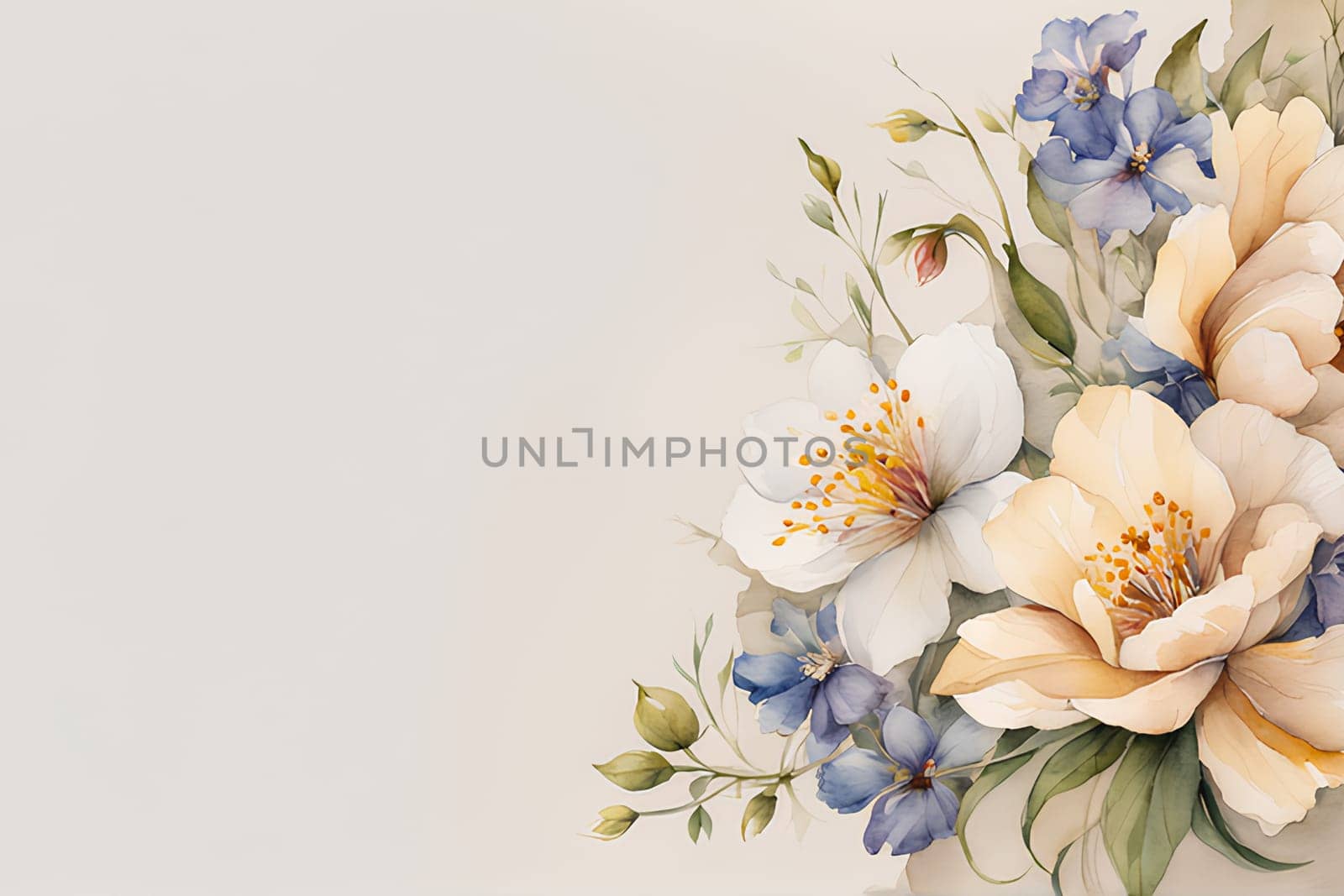 Watercolor spring flowers on beige background; copy space, wallpaper