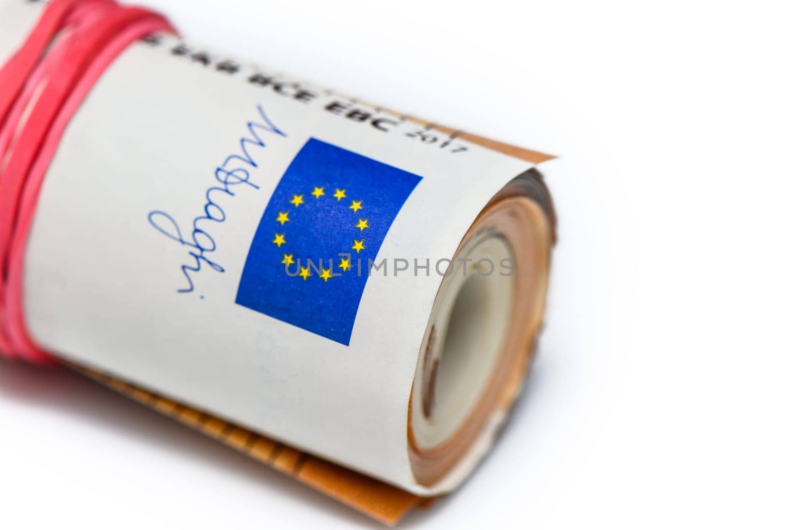 Concept of many euros: a pile of rolled 50-euro bills lying on a white background by Mixa74