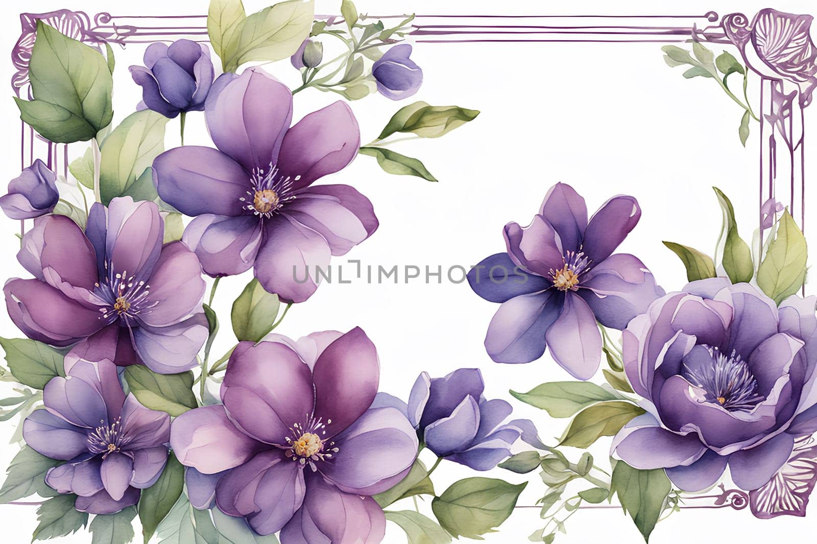 Framing purple flowers on white background with copy space; watercolor illustration