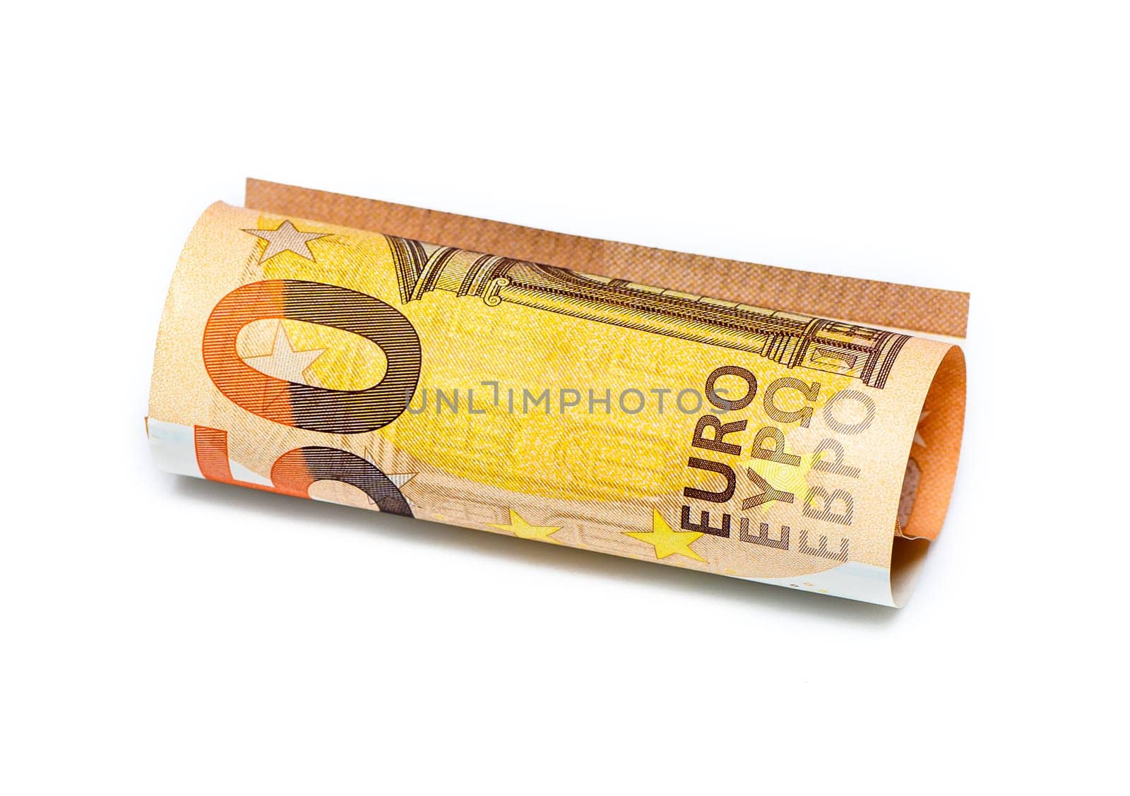 Concept of many euros: a pile of rolled 50-euro bills lying on a white background 3