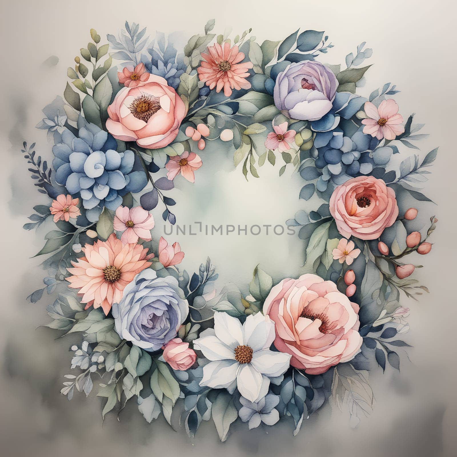 Watercolor flowers wreath in cold colors