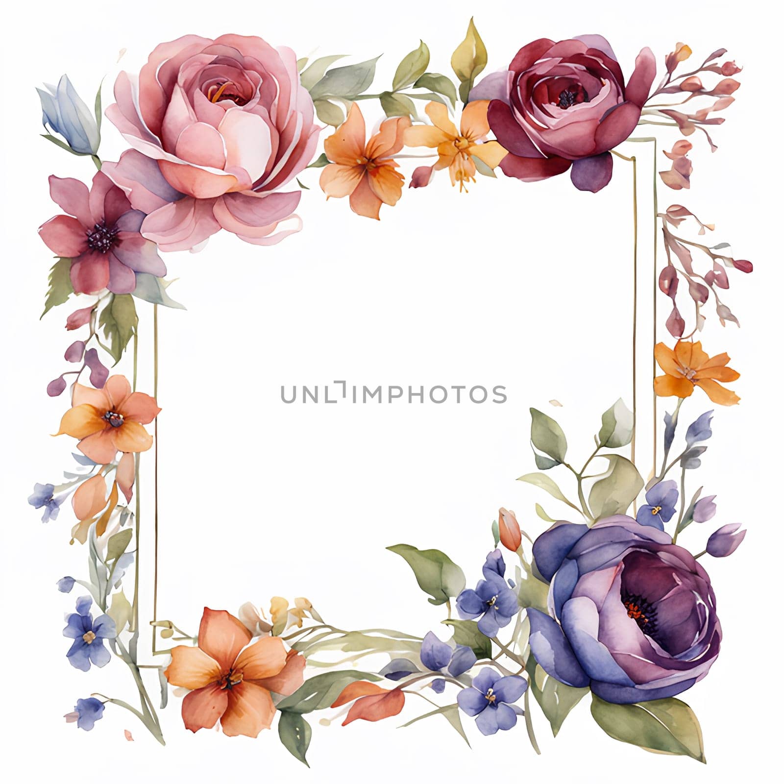 Framing flowers on white background with copy space, watercolor illustration