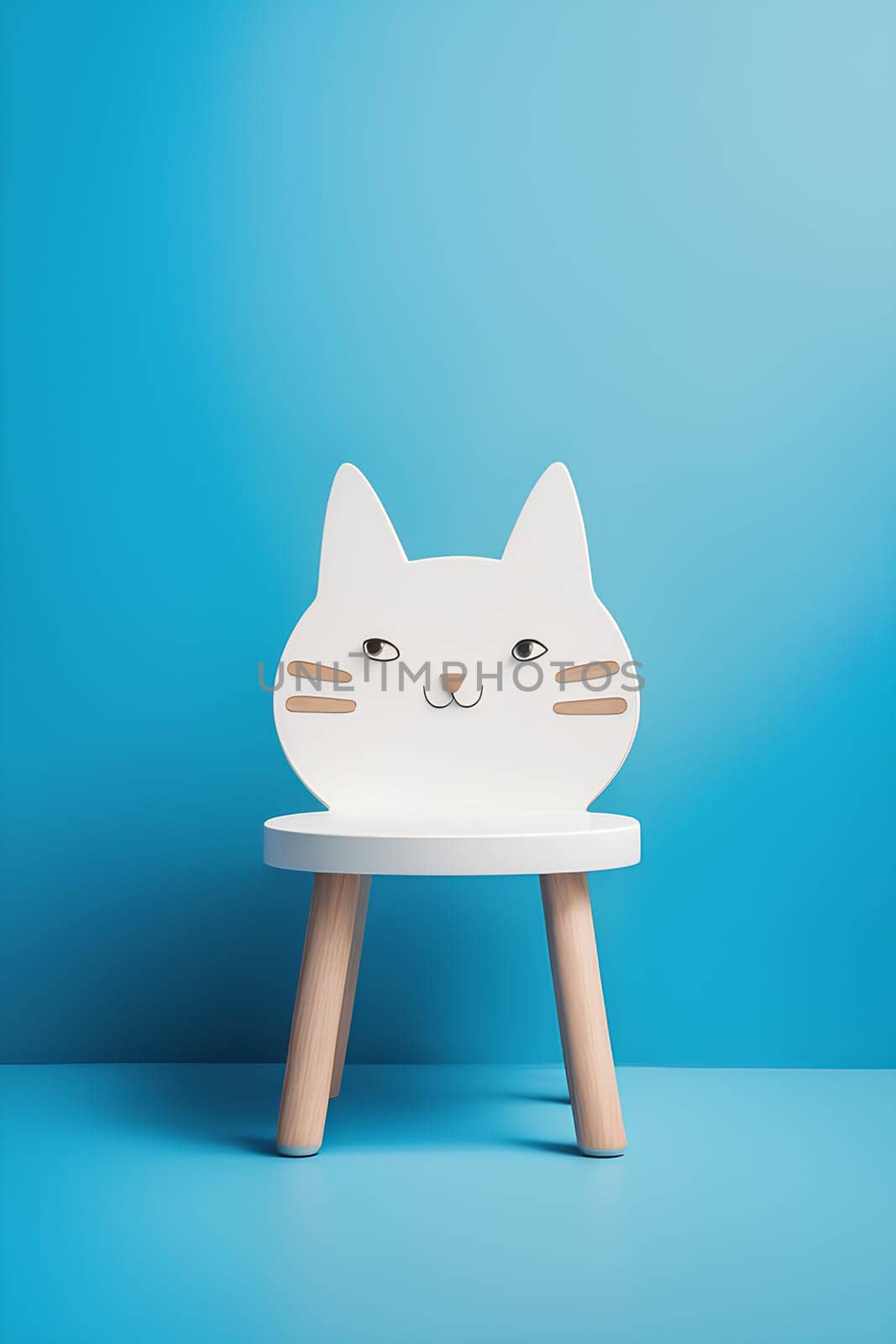 One kids wooden white chair in cat shape on blue background, studio light, realistic, minimalism