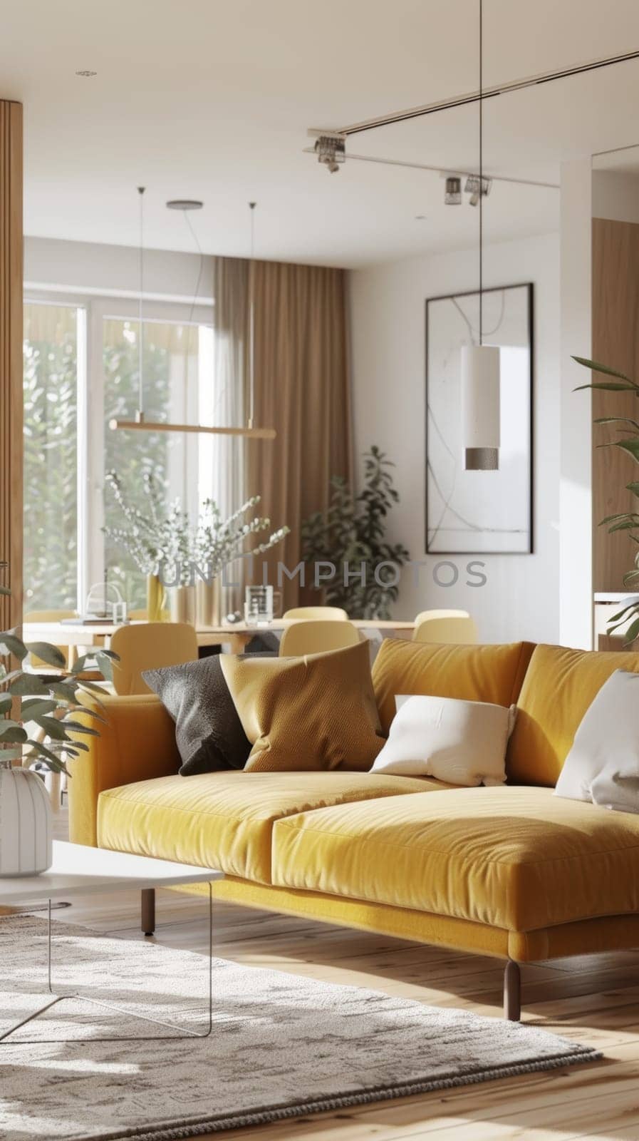 An elegant living room shines with a golden yellow sofa set, inviting a comfortable and stylish ambiance