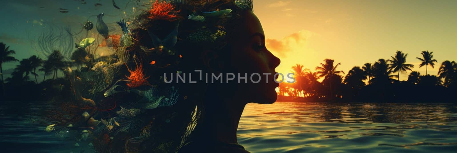 Double exposure of woman silhouette at stunning ocean sunset, abstract creative concept