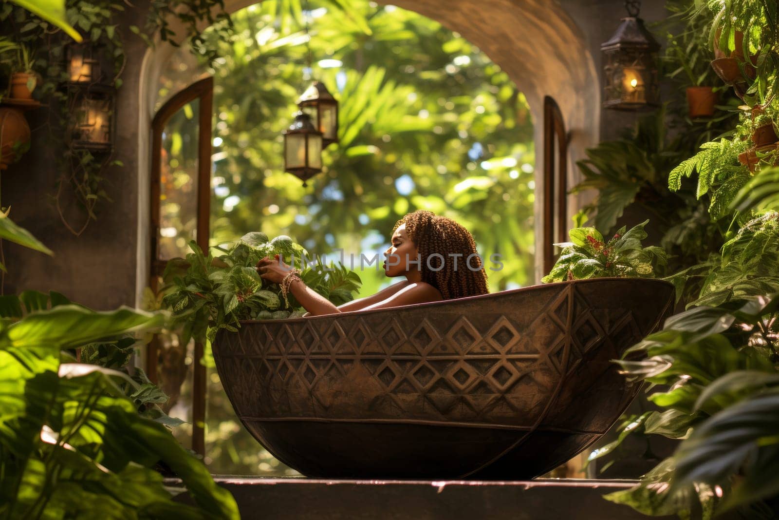 Tranquil african woman in outdoor bathtub surrounded by lush vegetation for peaceful escape