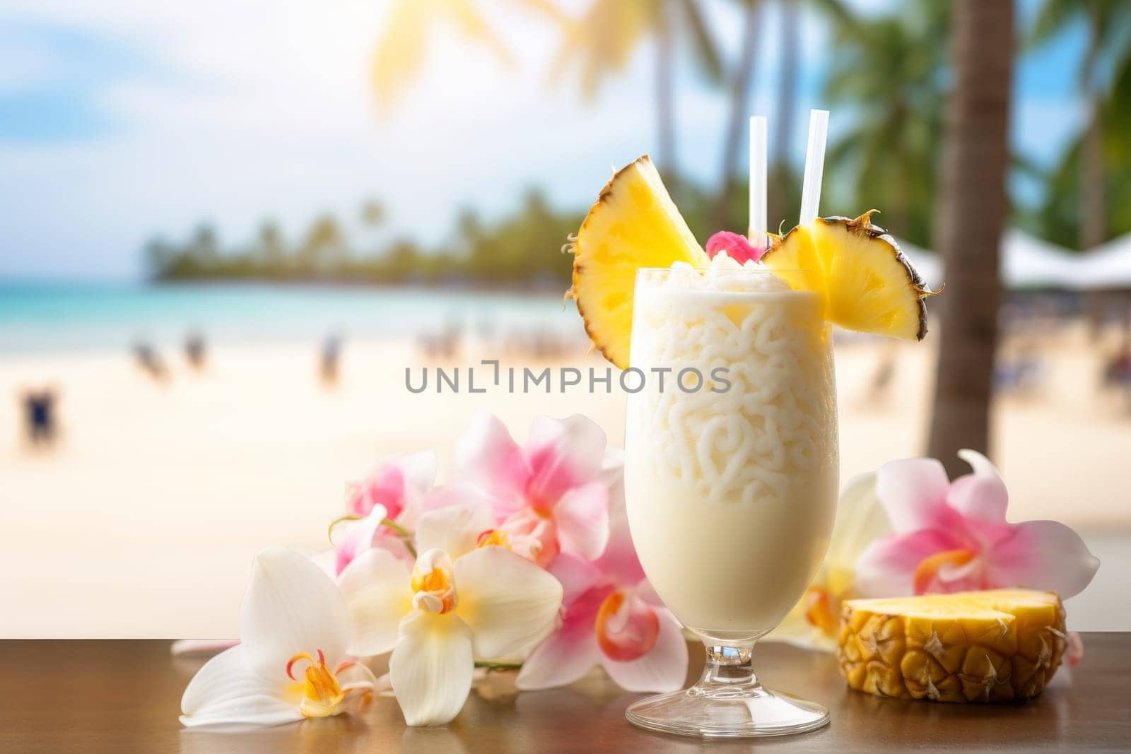 Pina colada coconut cocktail with pineapple on beach cafe table - tropical summer drink