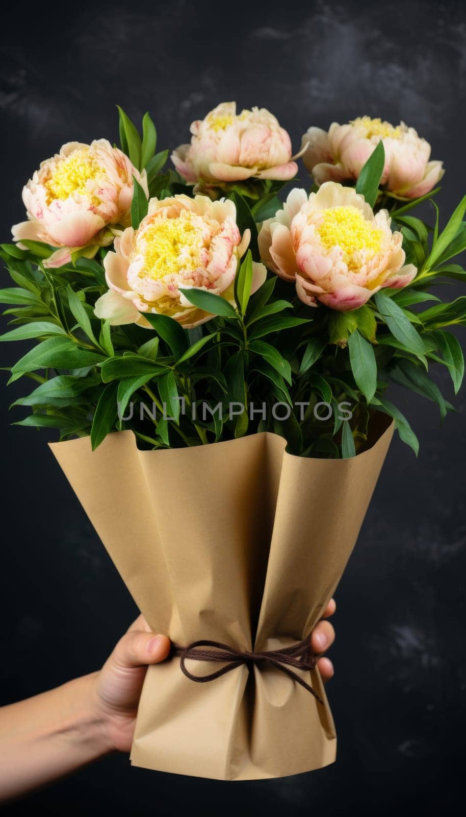 Man holding bouquet of peonies in craft paper against white wall, space for text