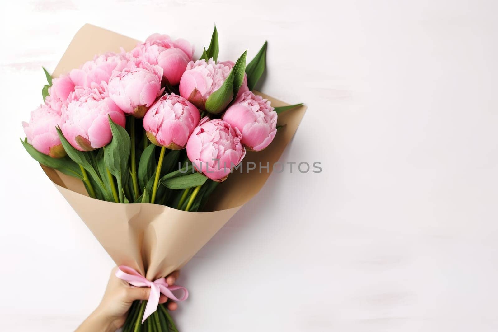 Man holding bouquet of peonies in craft paper against white wall, space for text