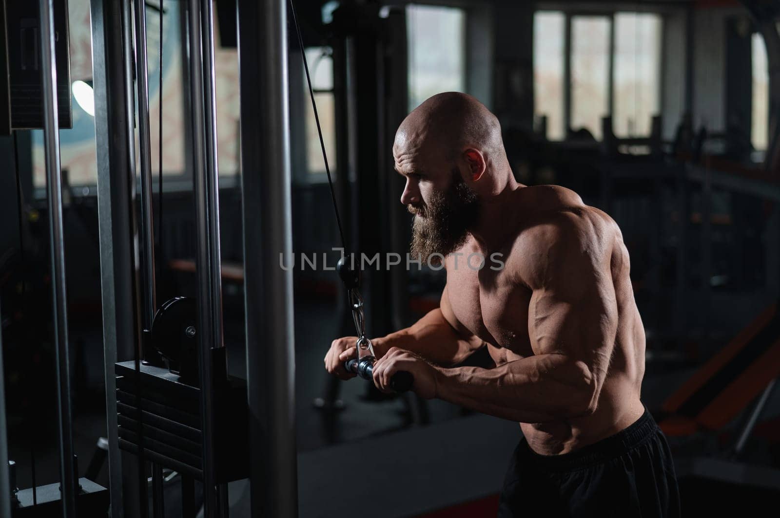 Bald Caucasian Bodybuilder doing heavy triceps exercises with cable