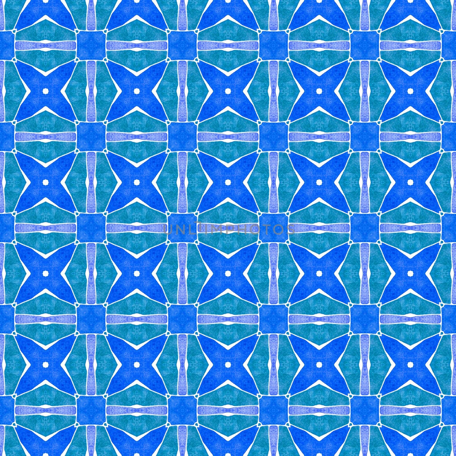Hand painted tiled watercolor border. Blue shapely boho chic summer design. Textile ready magnetic print, swimwear fabric, wallpaper, wrapping. Tiled watercolor background.