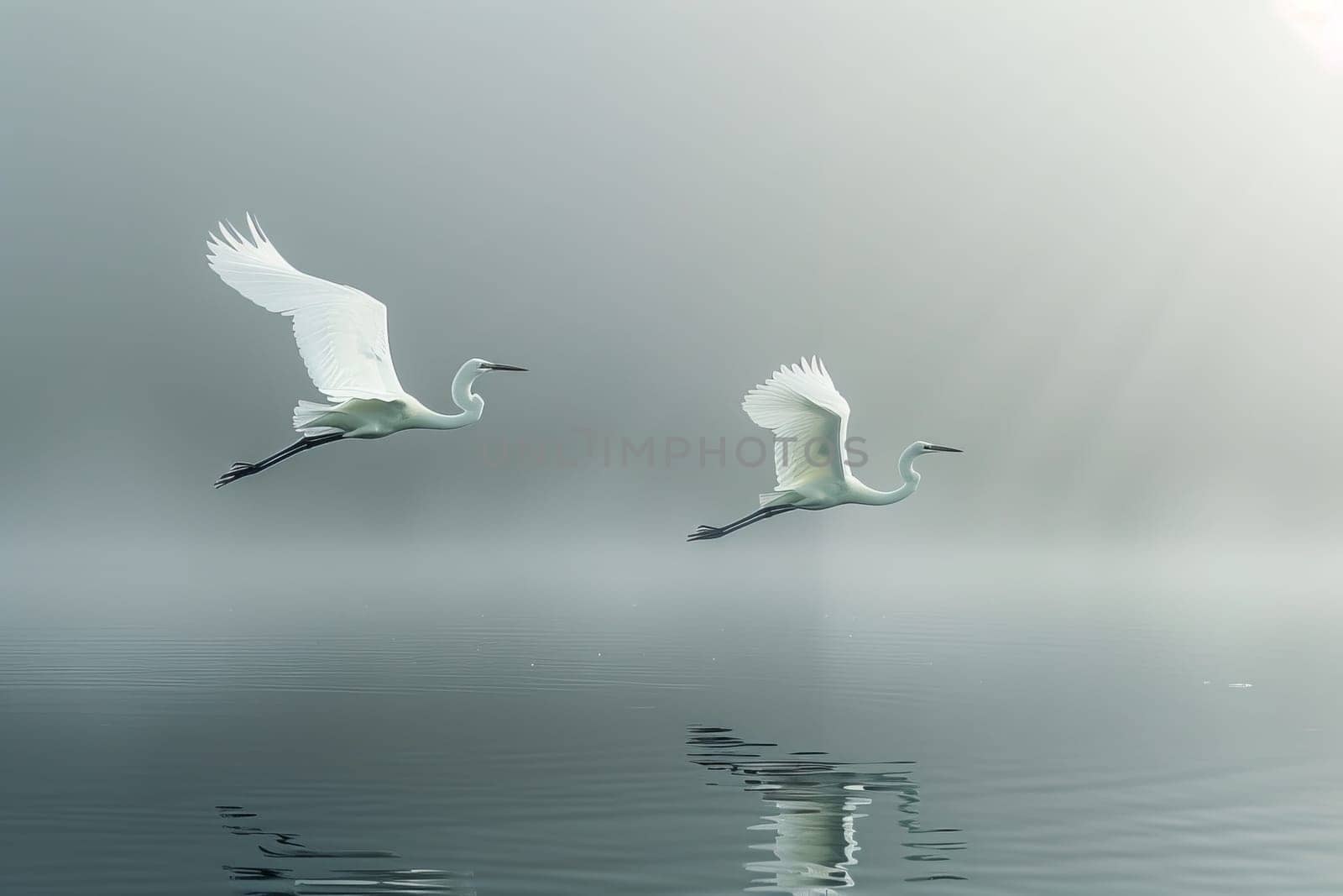 A white bird is flying over a body of water. The water is calm and still, with ripples forming around the bird. The scene is peaceful and serene, with the bird soaring high above the water