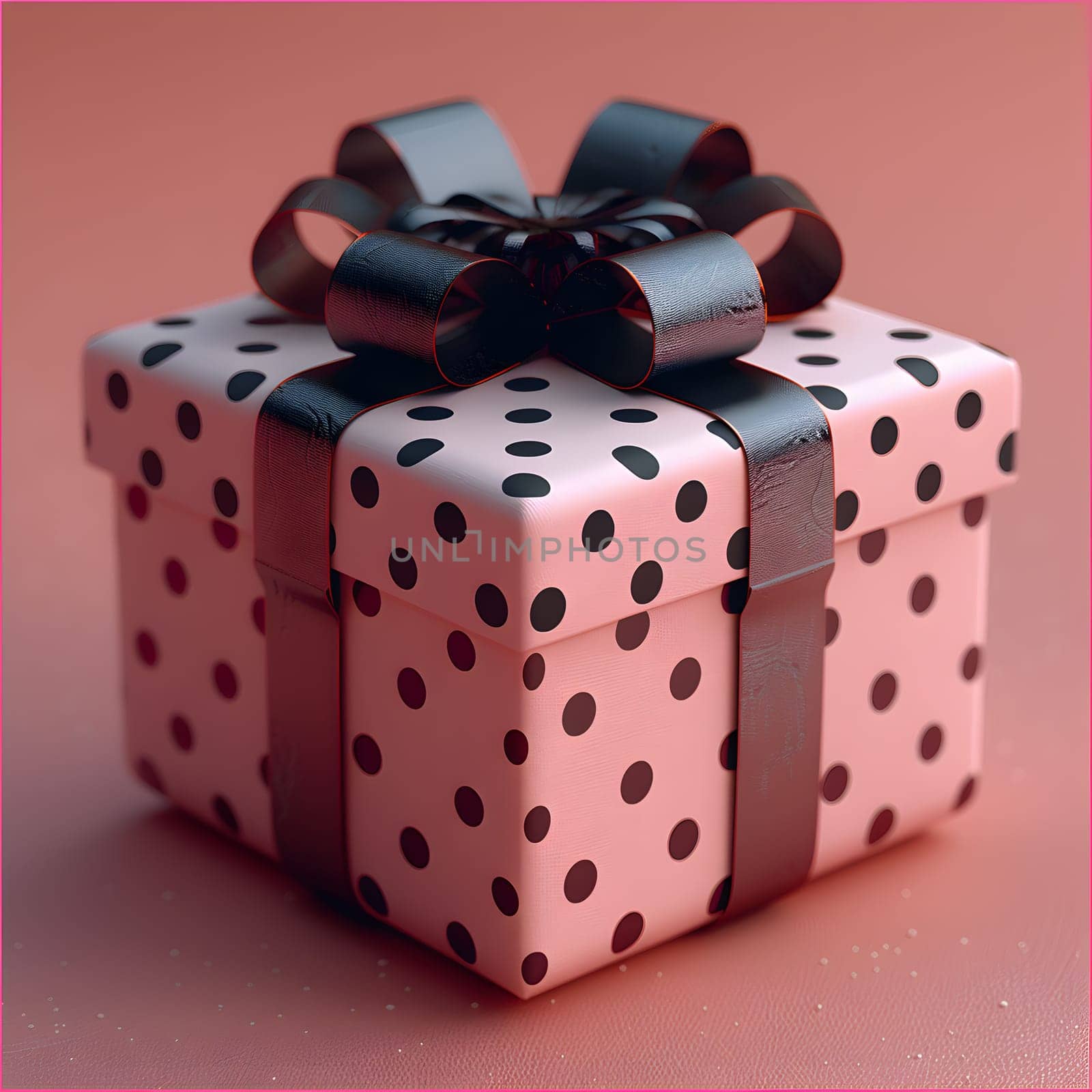 A rectangular pink gift box adorned with black polka dots and a stylish black bow tie. The design is perfect for creative arts enthusiasts looking to make a fashionable statement