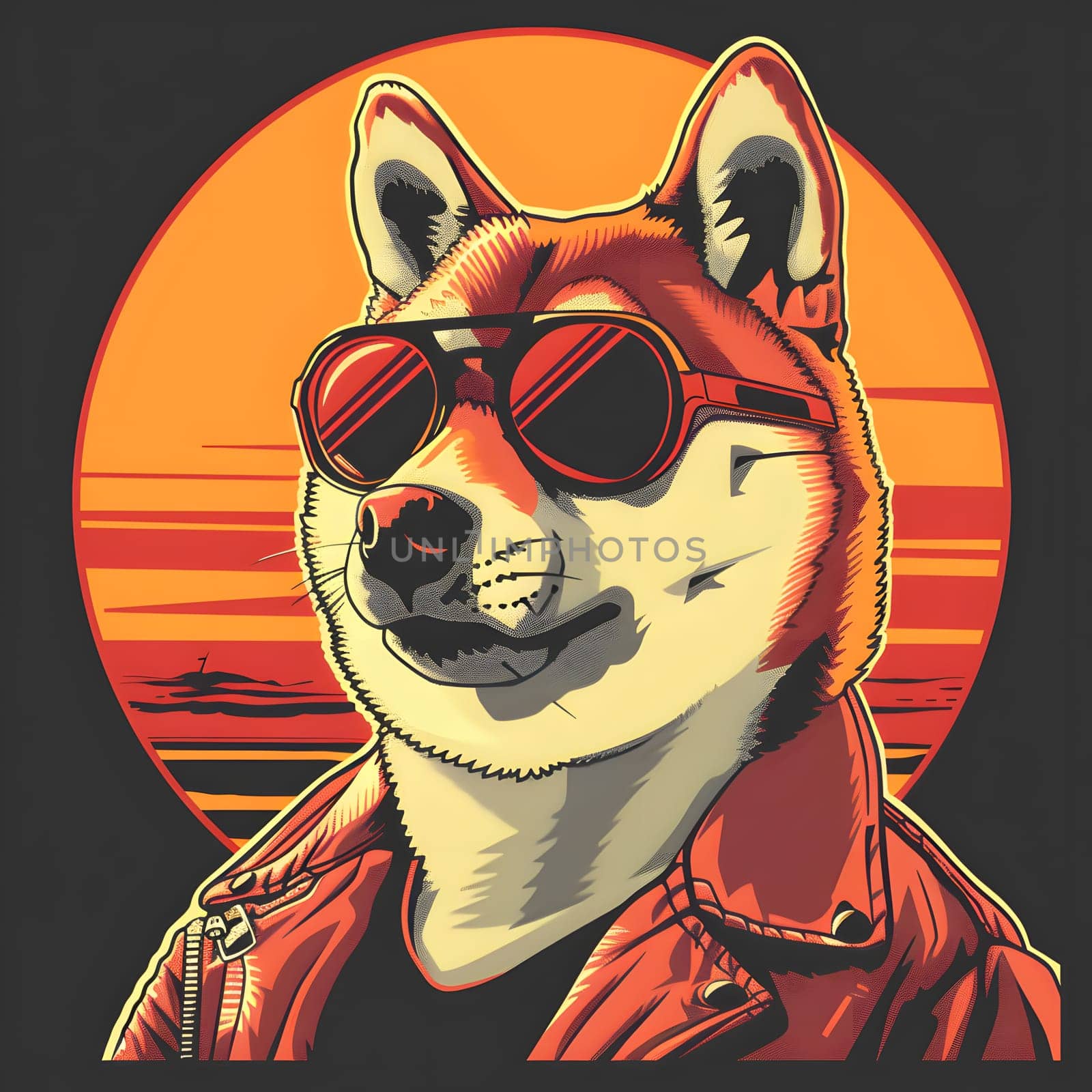 A canine sporting stylish sunglasses and a trendy leather jacket, showcasing a fashionable and cool look. This artwork blends vision care with carnivore style