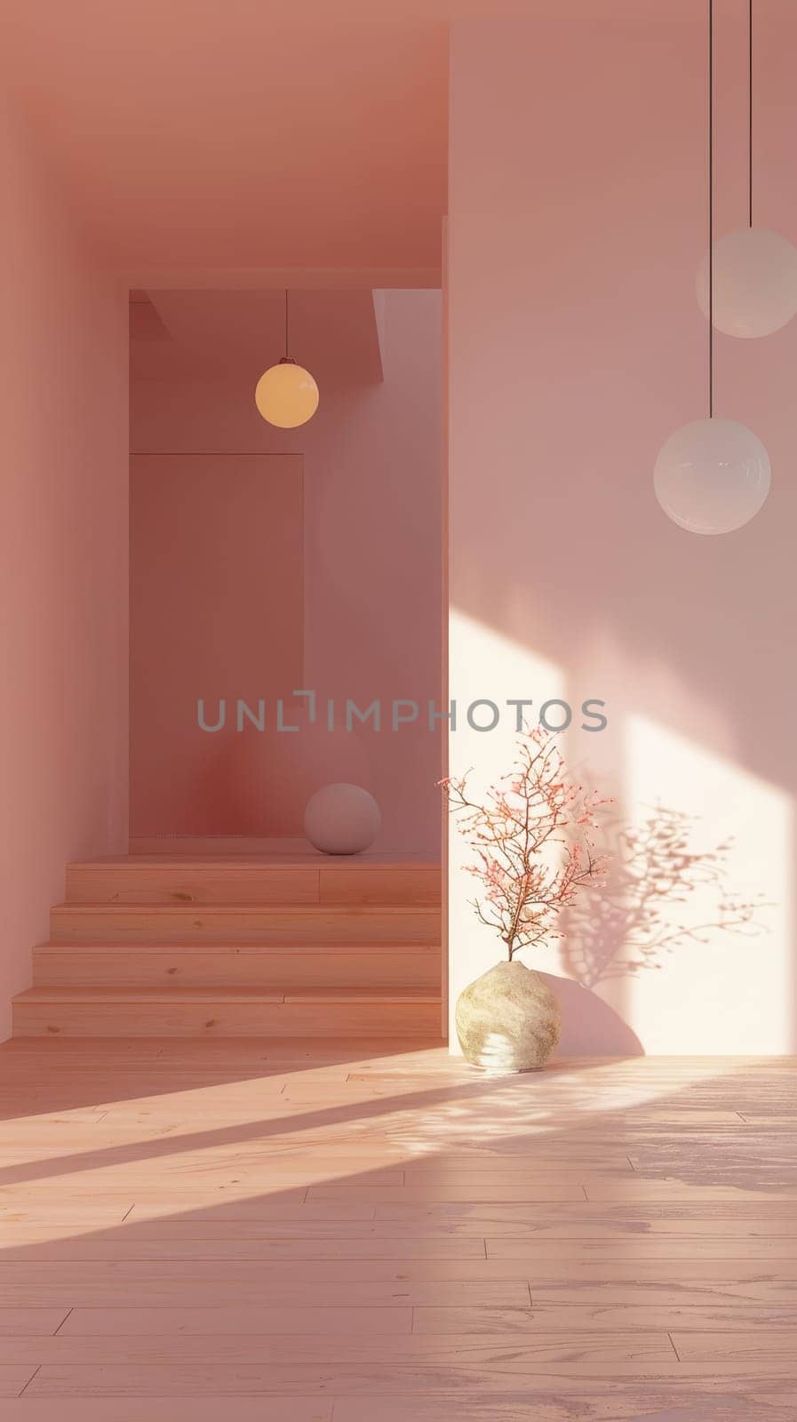 Sunlight filters through, illuminating a staircase and elegant decor