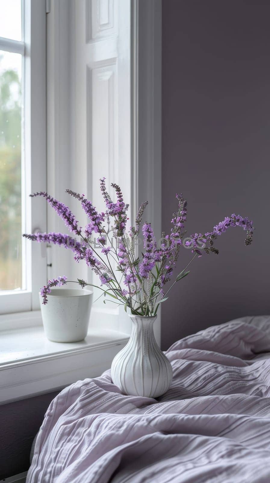 A serene bedroom corner with a calming lavender theme and natural light