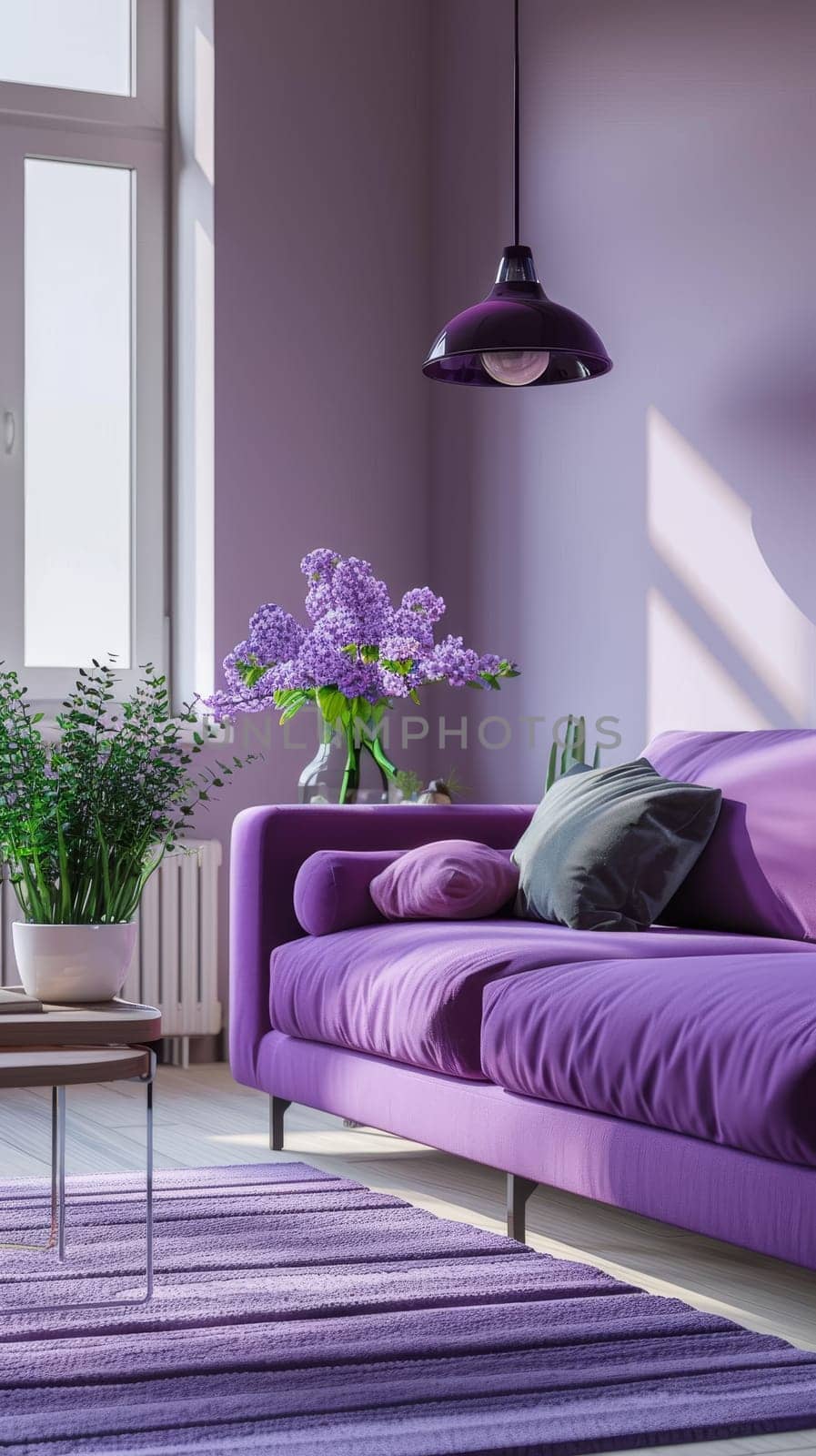 A stylish lavender living room highlighted by natural light and floral accents. by sfinks