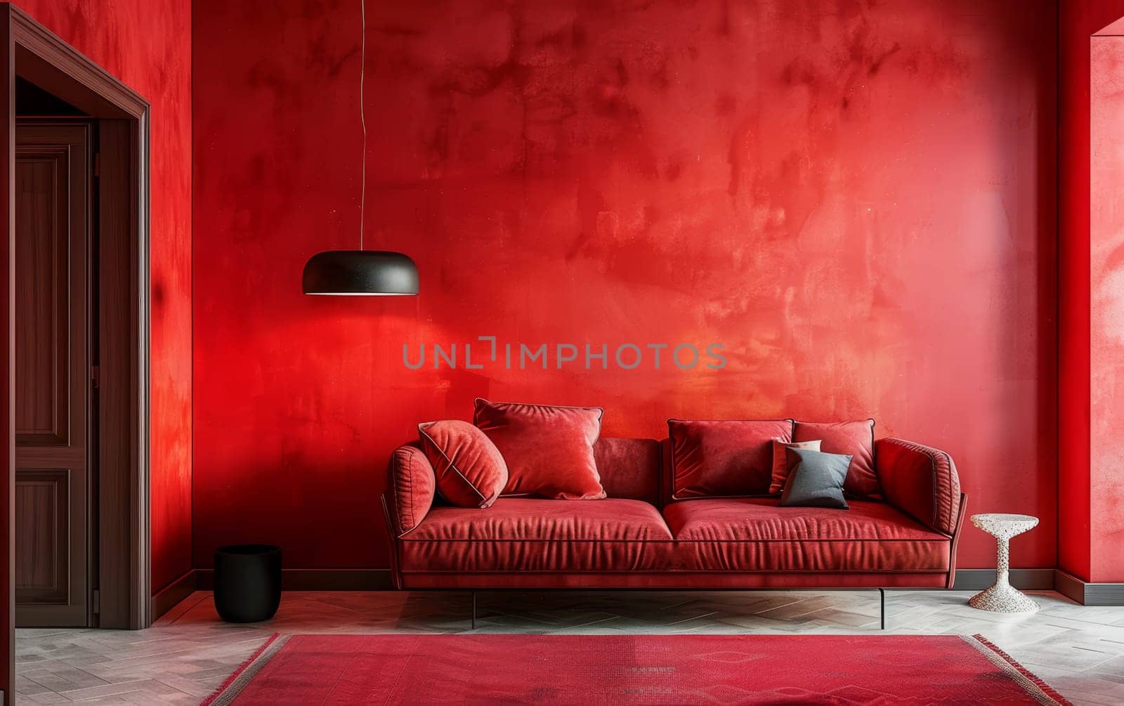 Radiant red hues dominate this spacious living area. Sleek design meets cozy comfort