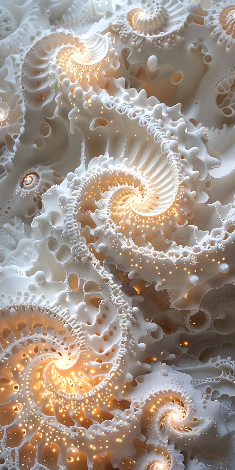 A macro photograph of a white coral sculpture with spirals resembling marine biology patterns, illuminated with lights, creating a mesmerizing underwater art piece