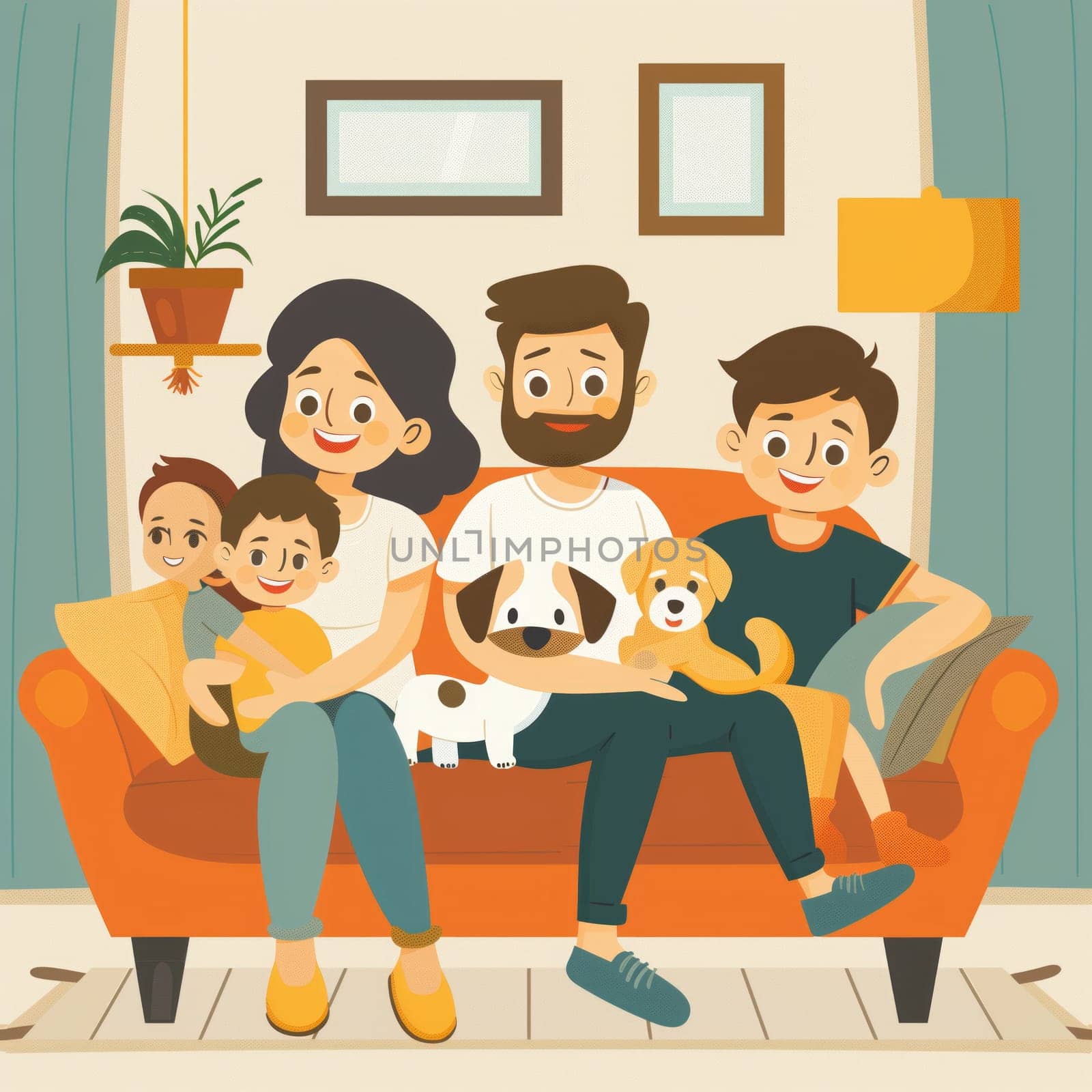 Happy Family Sitting on Couch With Dog Image