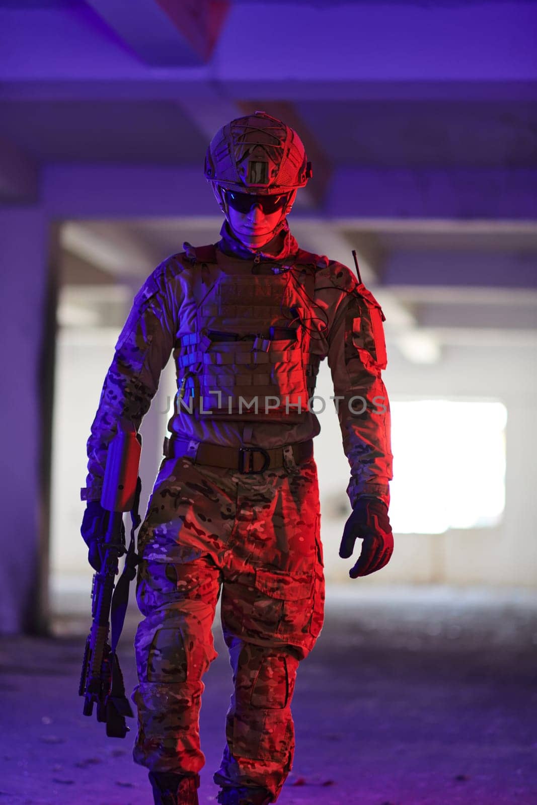 A professional soldier undertakes a perilous mission in an abandoned building illuminated by neon blue and purple lights by dotshock