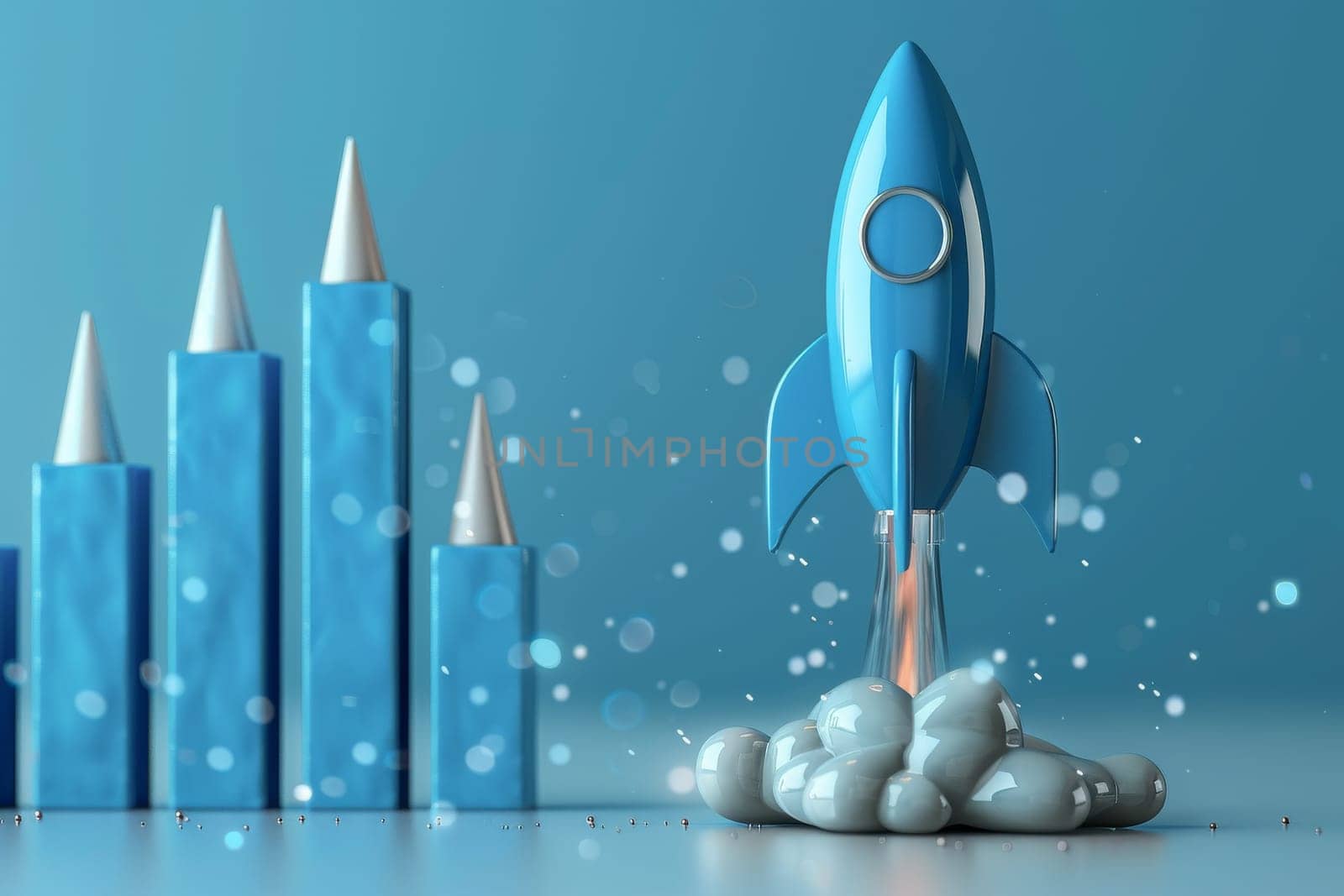 Business growth and startup concept. Rocket and financial chart on blue background.