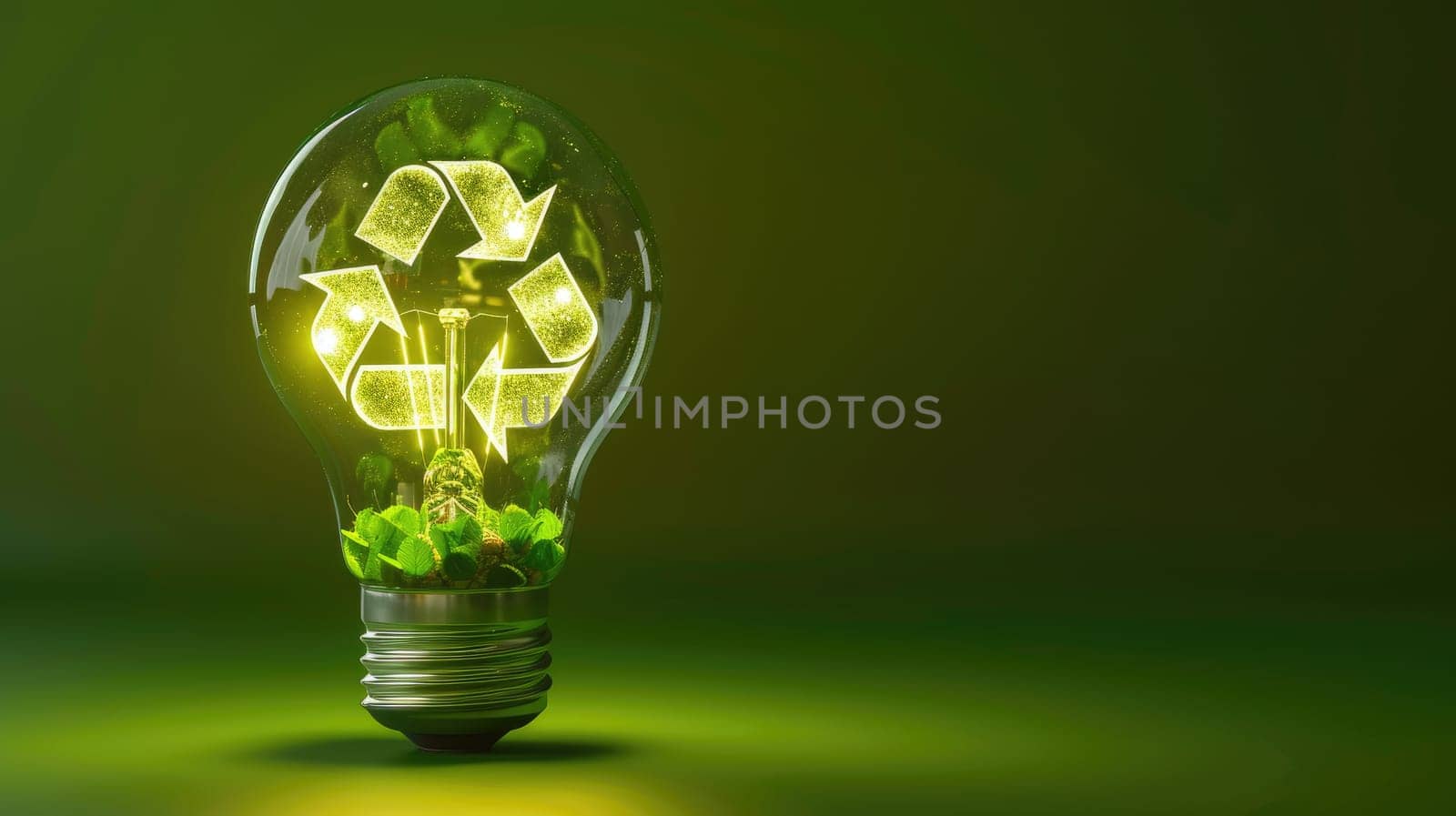 A light bulb with a green recycling symbol on it. The bulb is lit up and surrounded by green plants. Concept of sustainability and the importance of recycling