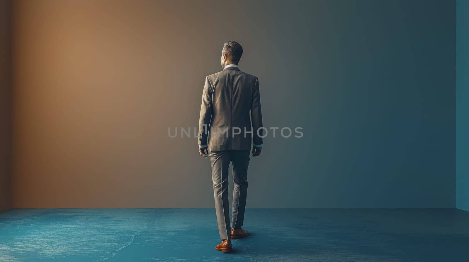 A man walks through a tunnel with a sunset in the background. The tunnel is empty and the man is the only person in the scene