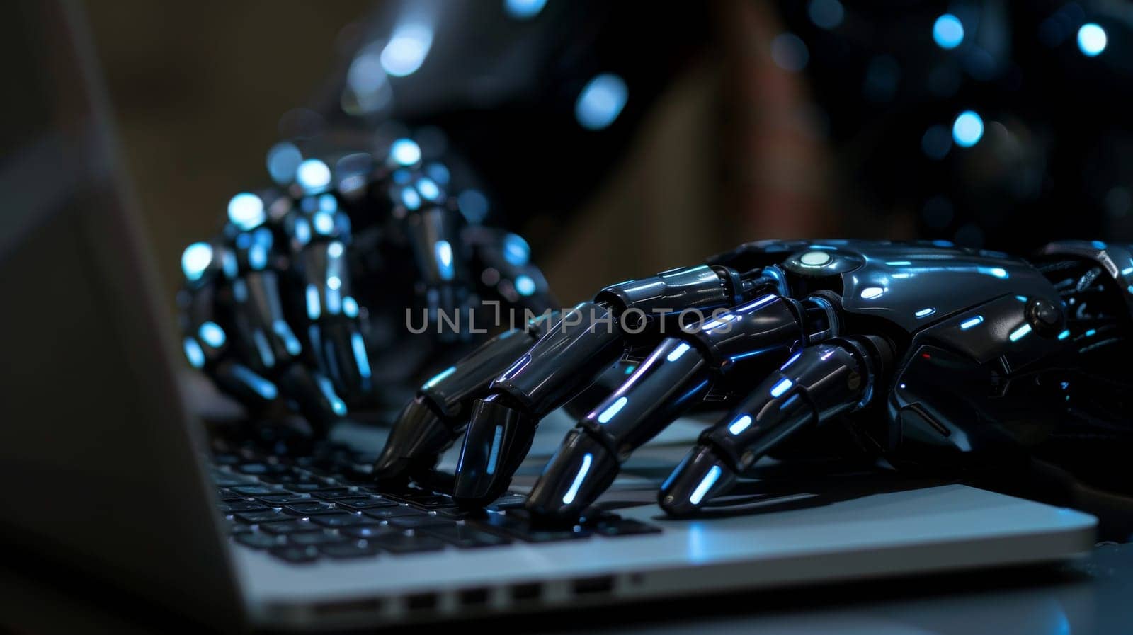 Cyborg robot hand on dark background. Robotic Process Automation concept.