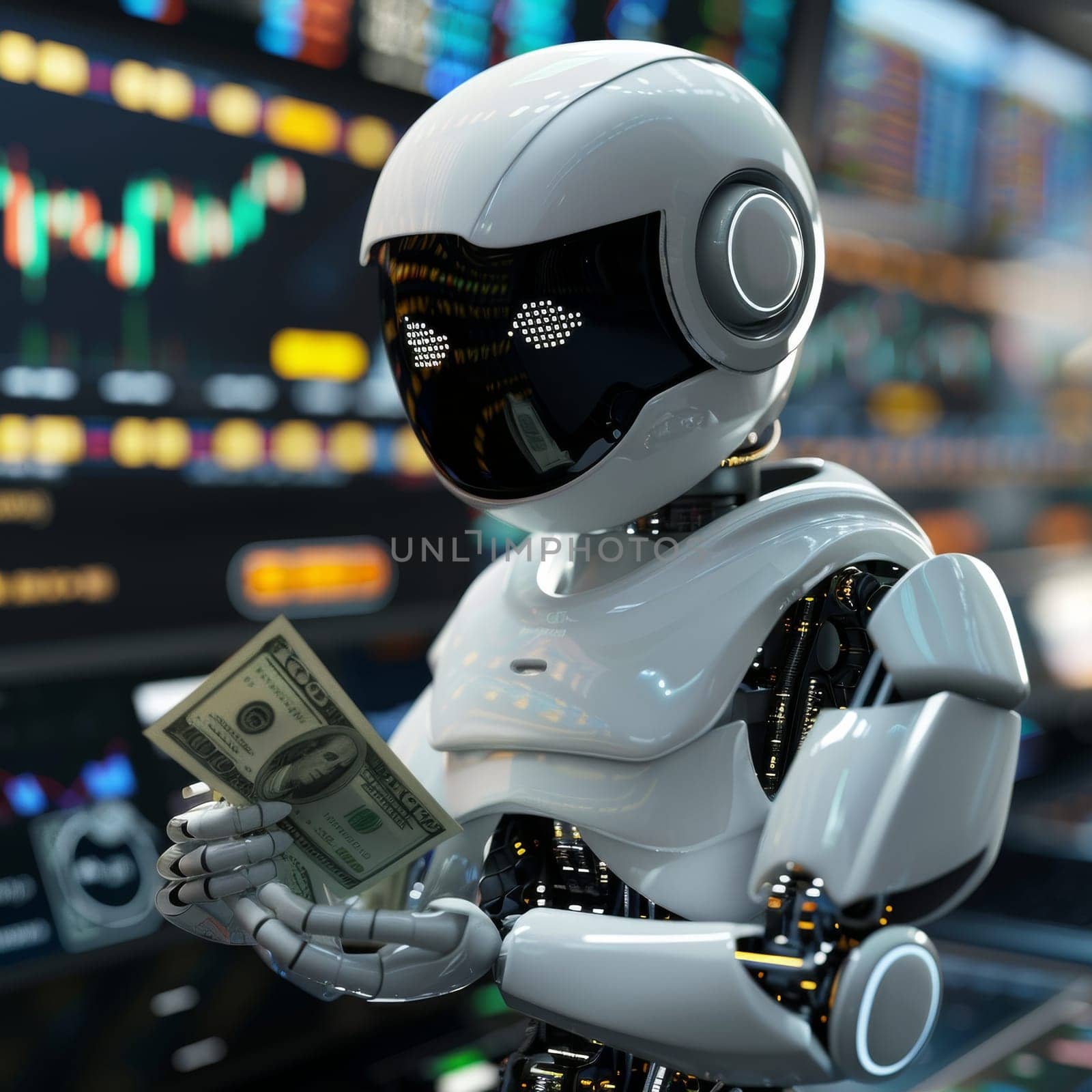 A robot is holding a money and stock chart on background.