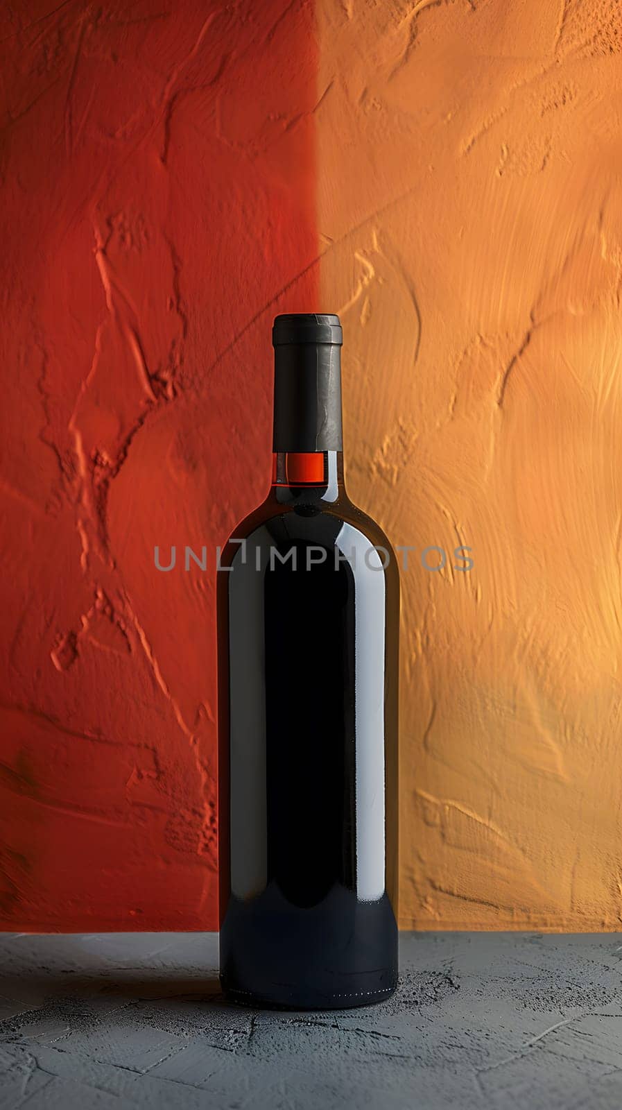 A glass bottle of red wine is displayed on a table against a red and gold wall, accompanied by a bottle stopper saver made of wood