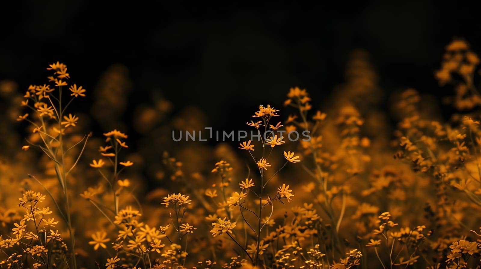 A beautiful field of yellow flowers against a dark black background, creating a stunning natural landscape with a vivid contrast of colors in the meadow