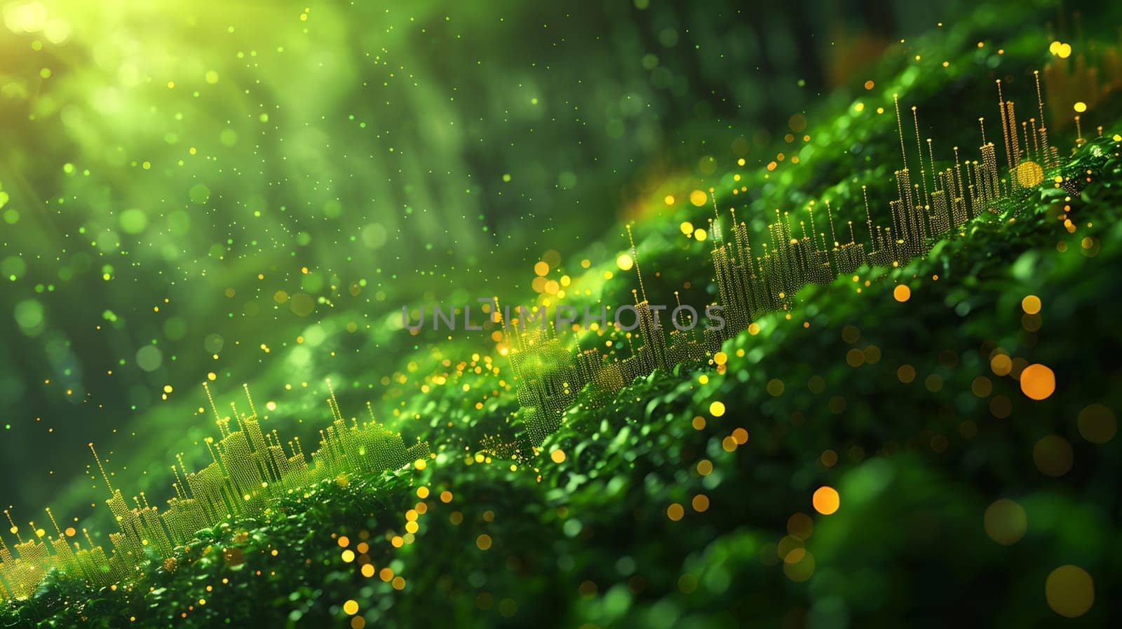 A close up of a terrestrial plant with vibrant green leaves and golden sparkles emanating from it, enhancing the natural landscape with a touch of magic
