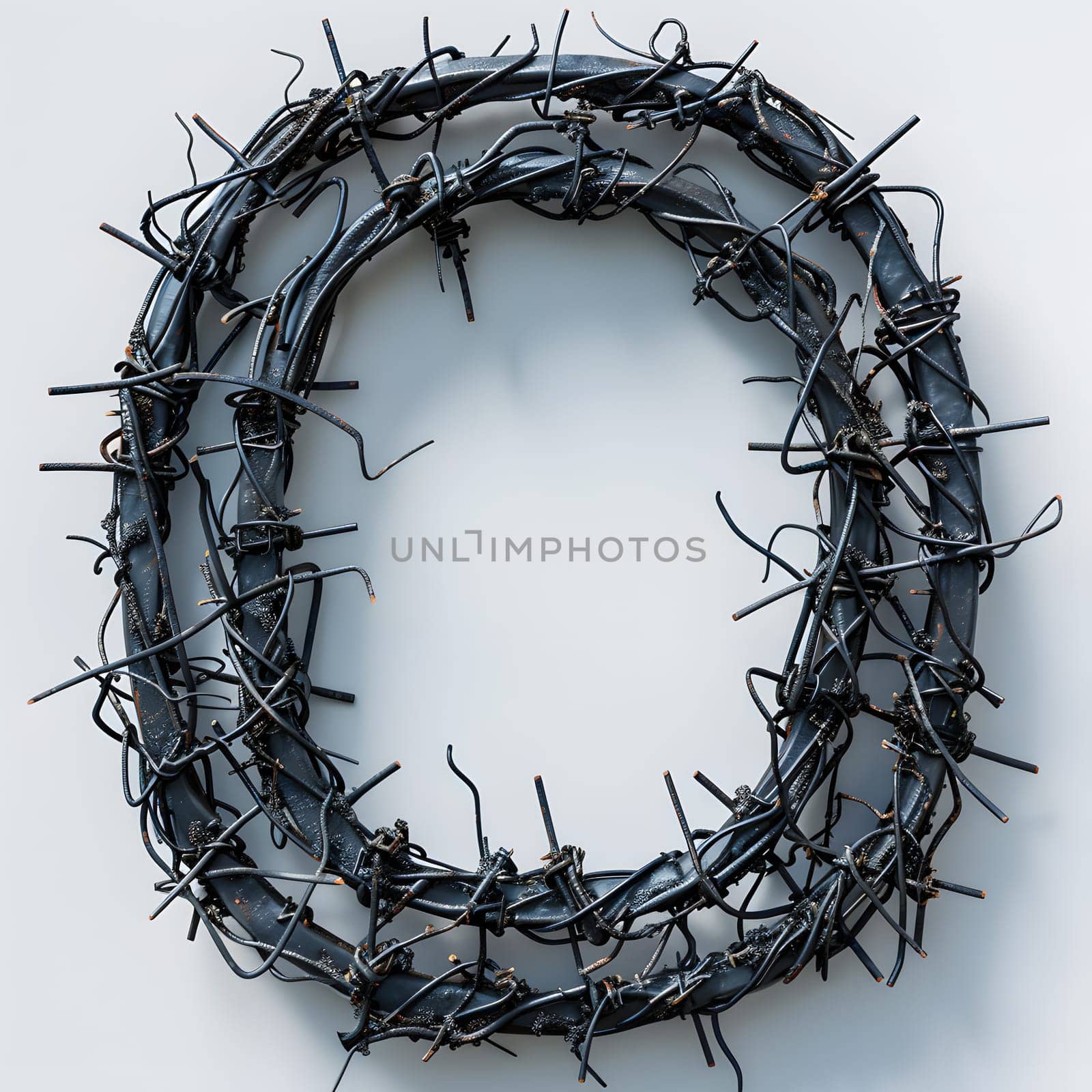 The automotive tire was shaped like a circle, made of barbed wire. The twig font created a unique pattern, resembling a plant fashion accessory at the event